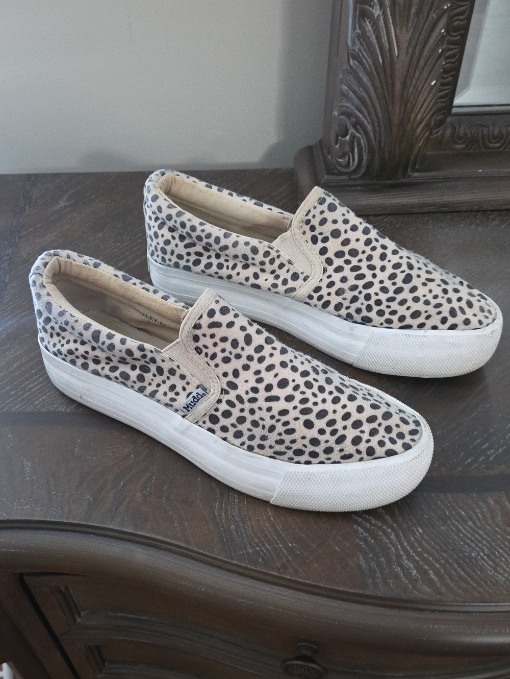 Mudd Beige and Black Spotted Slip-On Sneakers